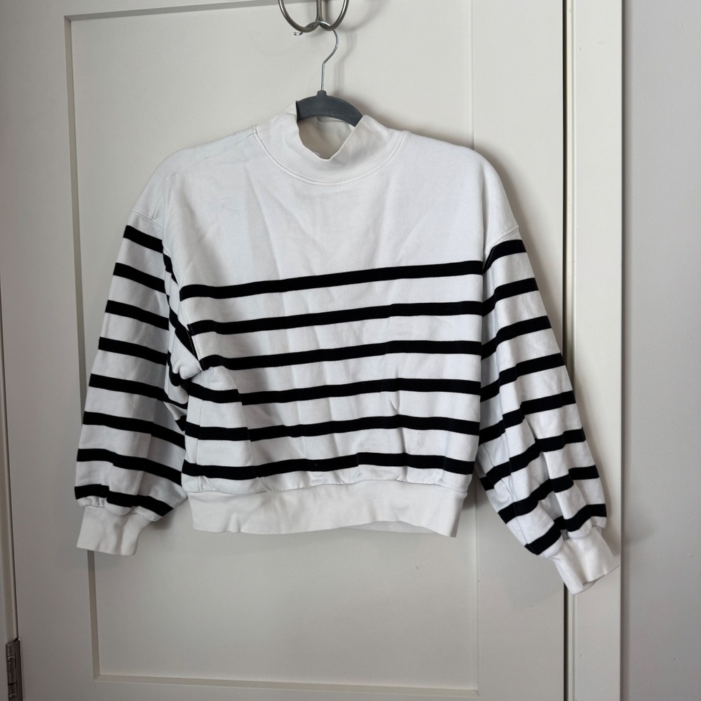 FRAME Striped Mock Neck Puff Sleeve Cropped Cotton Sweatshirt LWAC0748 White S